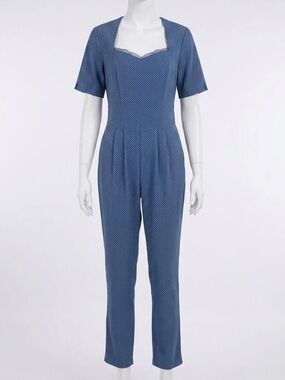 Vintage-Inspired Blue Polka Dot Jumpsuit | Square Lace Neckline Short Sleeve - L
